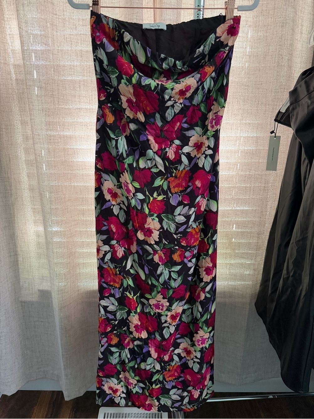 Sadie and Sage Floral Straple Slip Dress in Black with Pink & Green Floral Print